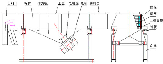 直線振動(dòng)篩內(nèi)部結(jié)構(gòu)：出料口，篩體，傳力板，上蓋，電機(jī)座，電機(jī)，進(jìn)料口，篩框，篩網(wǎng)，上彈簧座，彈簧，底腿。