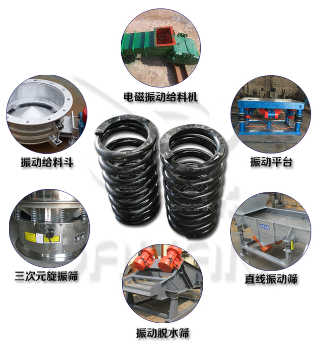 旋振篩減震彈簧適用產(chǎn)品：振動(dòng)給料機(jī)，電磁振動(dòng)給料機(jī)，振動(dòng)平臺(tái)，直線振動(dòng)篩，振動(dòng)脫水篩，三次元旋振篩。