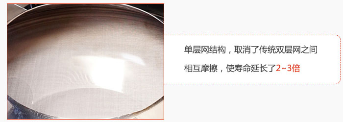 單層網(wǎng)結(jié)構(gòu)，取消了傳統(tǒng)雙層網(wǎng)之間相互摩擦，使壽命延長(zhǎng)了2~3倍
