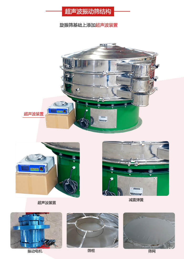 圓篩機內(nèi)部結(jié)構(gòu)：主要由振動電機、篩框、篩網(wǎng)、超聲波系統(tǒng)、減震彈簧等展示圖