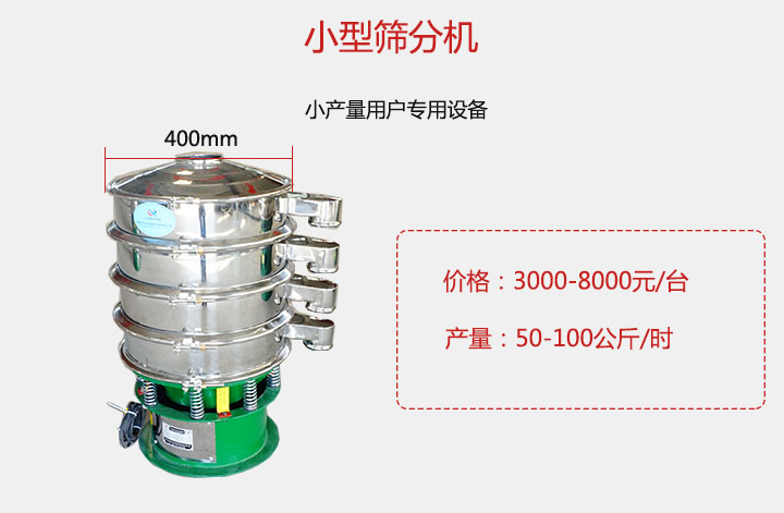小型篩分機產(chǎn)量可達100公斤/時，價格3000元起。