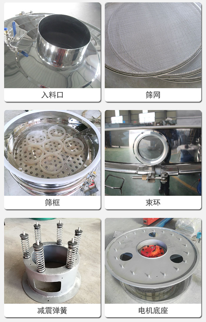 醫(yī)藥振動(dòng)篩有電機(jī)底座，減震彈簧，束環(huán)，篩框，入料口，篩網(wǎng)等部件展示。