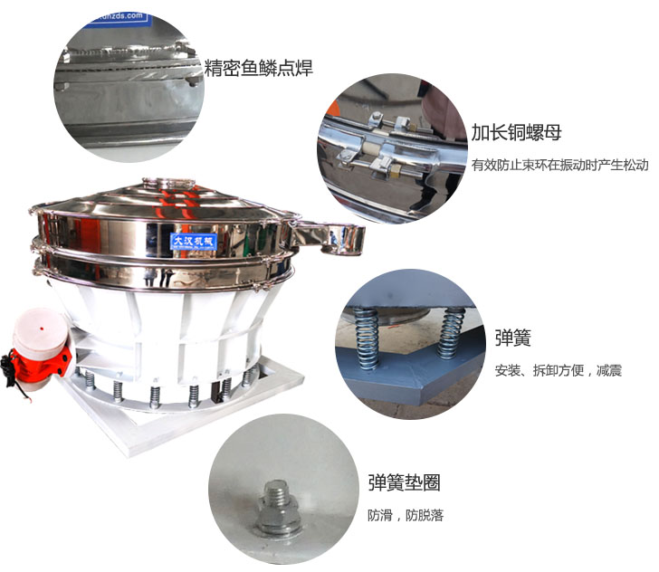 1500直排篩細(xì)節(jié)展示：彈簧，彈簧墊圈，加長銅螺母。