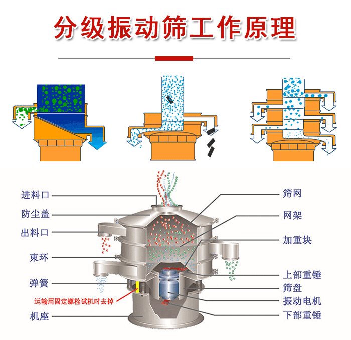 分級振動篩內(nèi)部結(jié)構(gòu)：進料口，防塵蓋，出料口，束環(huán)，彈簧，機座，篩網(wǎng)，網(wǎng)架，上部重錘，振動電機，下部重錘。